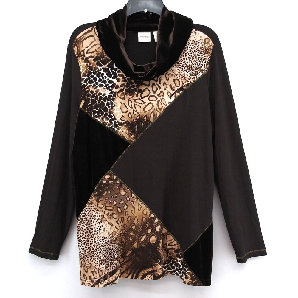 Zenergy by Chicos Shirt Womens Size 2 Brown Long Sleeve Cowl Neck Velvet Blouse